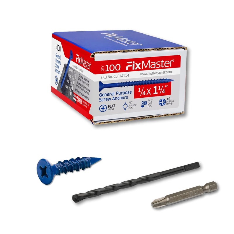 FixMaster 1/4 x 1-1/4" Countersunk Phillips Flat Head Blue Concrete Screw Anchors (100 pcs Screw Kit) with one Screwdriver and Drill Bit for Concrete, Masonry, Block, Brick and Wood Fastening - Image 1